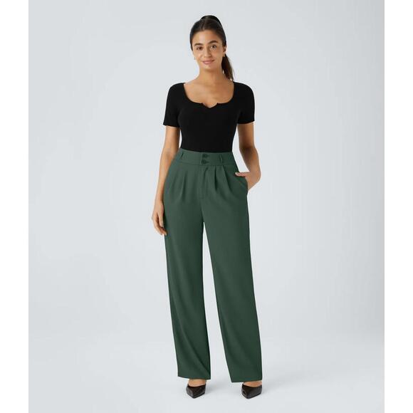 NWT Halara High Waisted Shirred Straight Leg Work Pants Dark Green M Petite - Picture 13 of 13